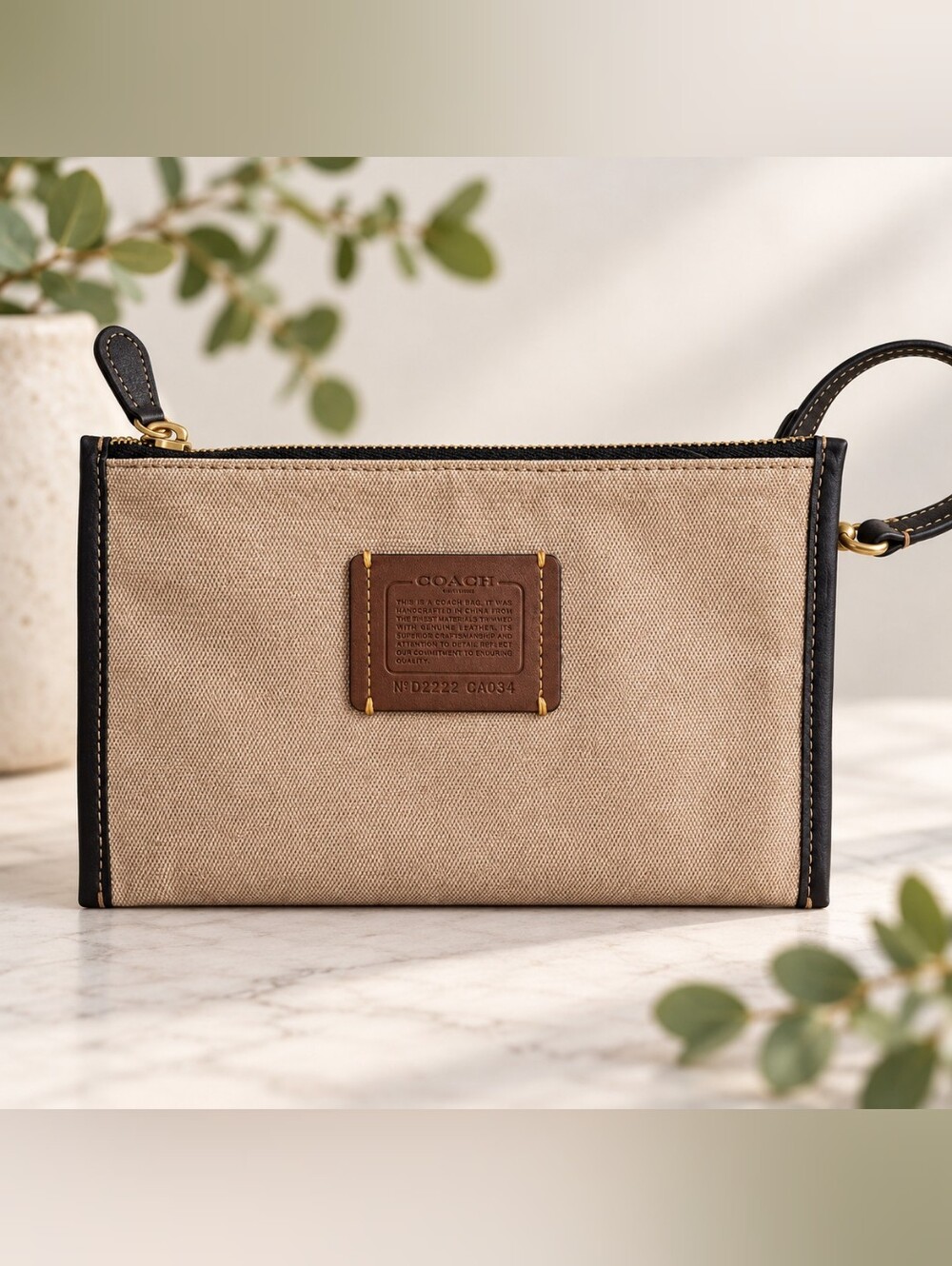 Coach Large Canvas Wristlet  w/Black Leather Trim NWOT